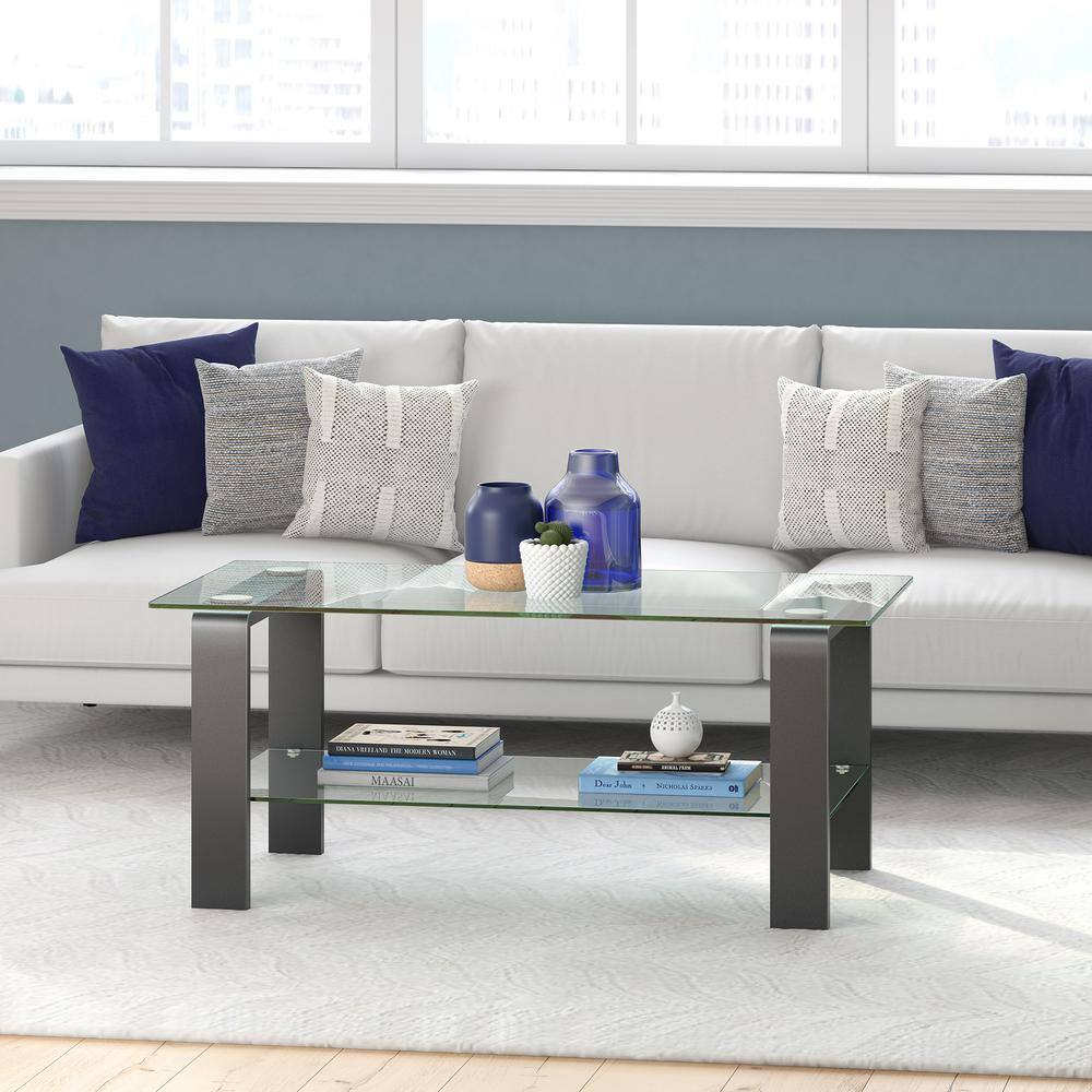 Asta Pewter Finish Rectangular Glass Coffee Table with Shelf