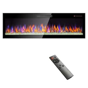 Ultrathin 60 in. W Wall Mounted Metal Electric Fireplace in Black with Tempered Glass Screen and Mixed Flames