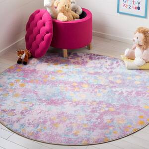 Kids Playhouse Purple/Light Blue 5 ft. x 5 ft. Machine Washable Distressed Abstract Round Area Rug