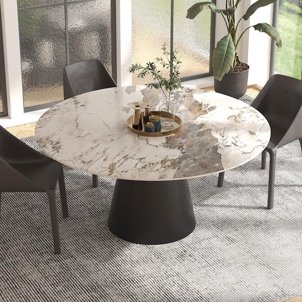 Lesly Modern Round Pandora Color Pandora Stone TableTop 53.15in. Black Titanium Stainless Steel Pedestal Dining Table(4 Seats)