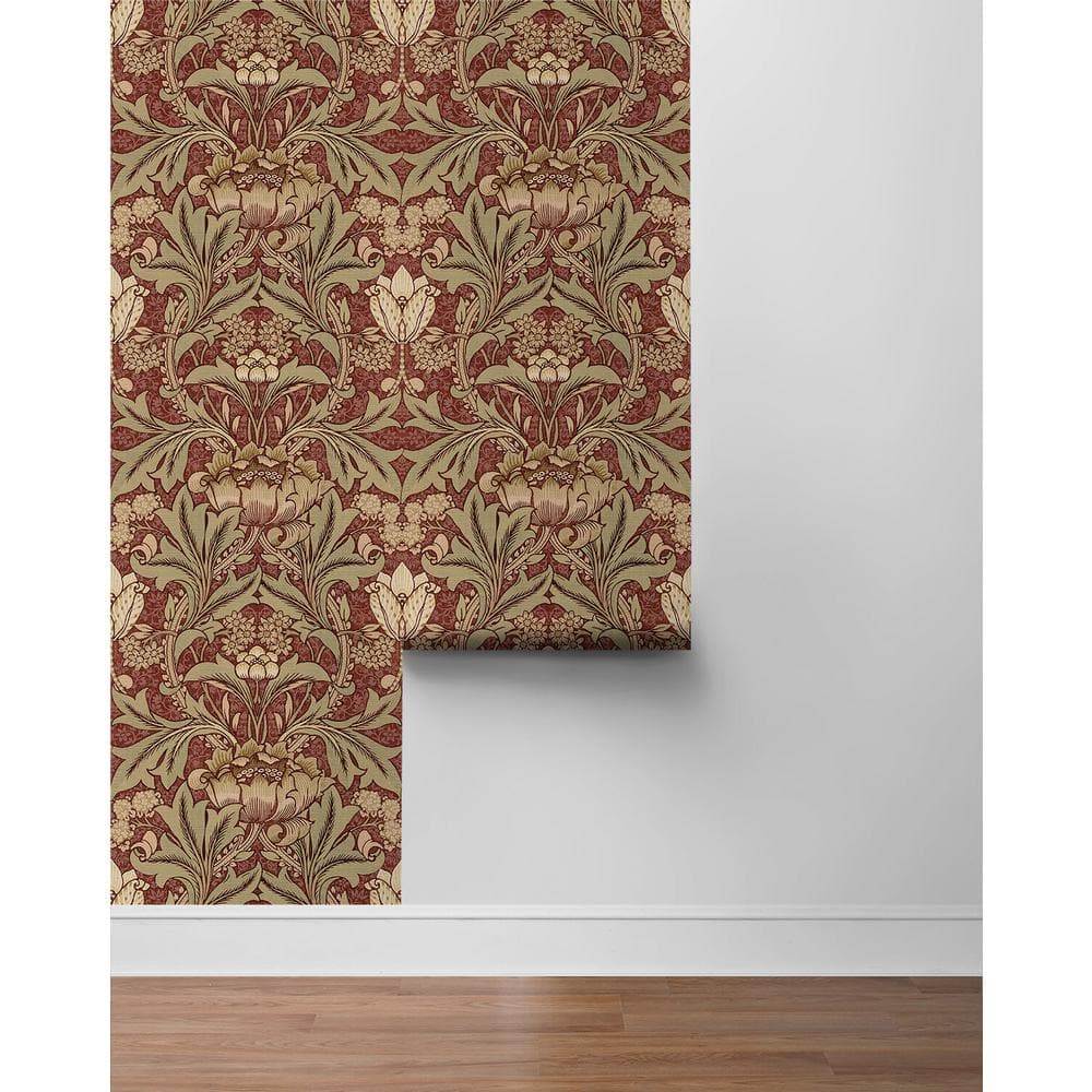 Red Clay and Lichen Floral Pre-Pasted Washable Wallpaper Roll
