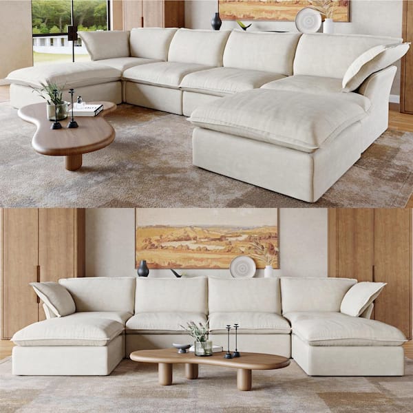 163 In Free Combination Linen Flannel U Shaped Deep Seat Couch Modular 6 Sectional Sofa With Ottoman Beige