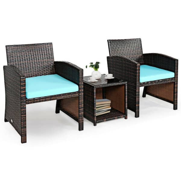 Clihome 3-Piece PE Rattan Wicker Patio Conversation Set Furniture Set with Turquoise Cushions Sofa Coffee Table for Garden