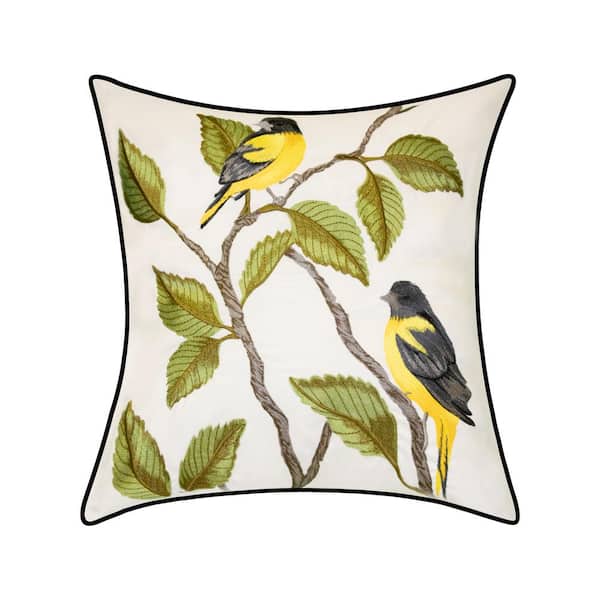 Edie@Home Bright Yellow Indoor and Outdoor Embroidered Birds 18 in. x 18 in. Decorative Throw Pillow