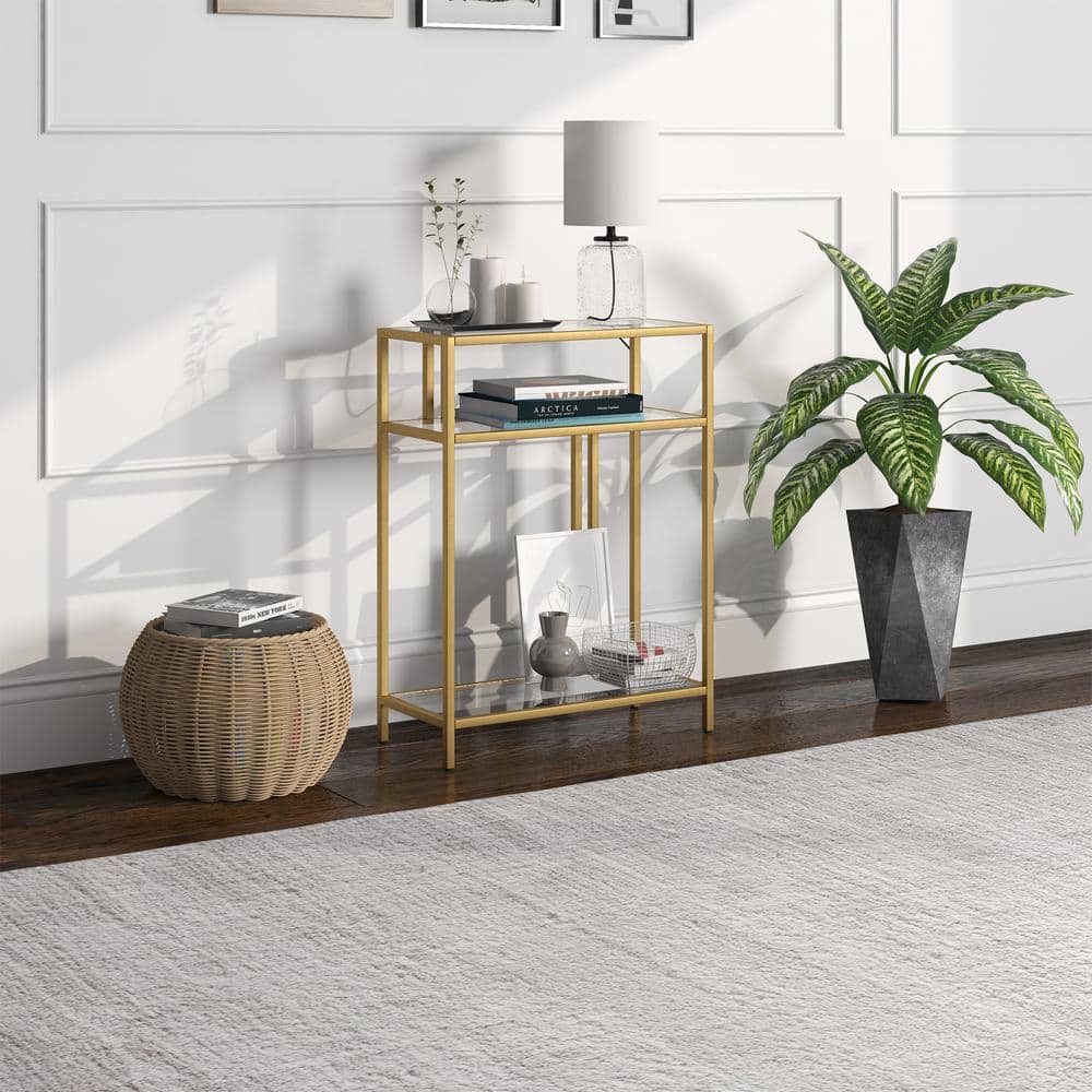 Compact Gold Industrial Console Table with Tempered Glass Shelves