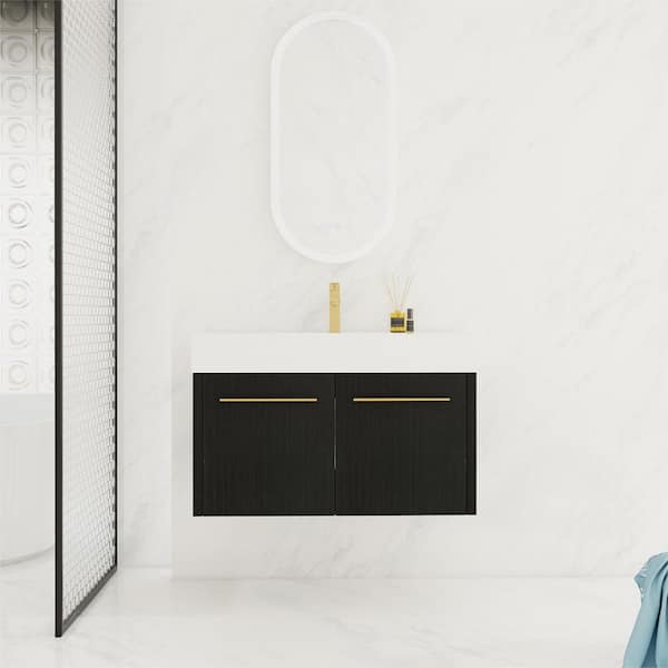 35.4 in. Wall Mounted Bath Vanity with White Resin Top and Soft Close Doors in Black