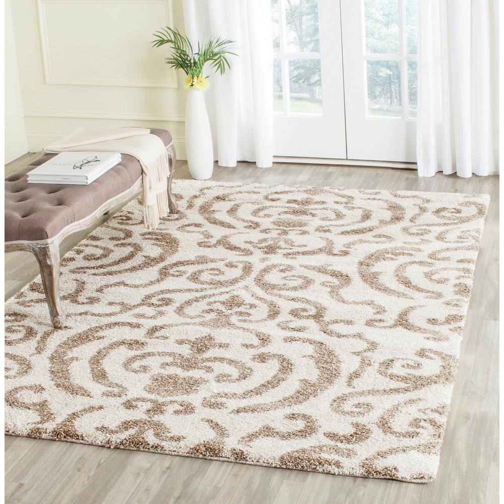 Cream and Beige Floral Shag 4' Square Area Rug