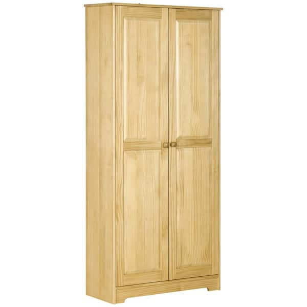 Brown Pinewood Kitchen Pantry Storage Cabinet, Freestanding Cabinets with Doors, and Shelf Adjustability