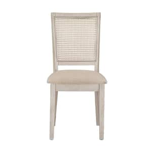 Antique White Beige Linen Rattan Back Dining Chairs (Set of 2)