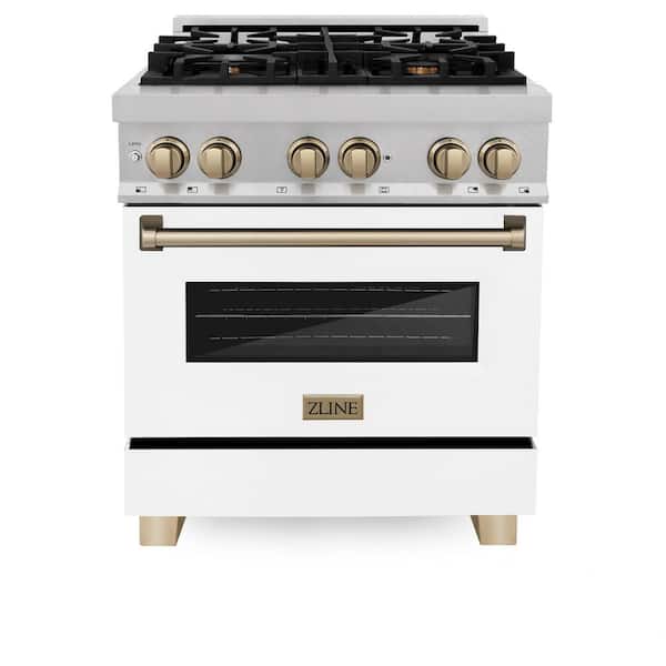 Autograph 30 in. Legacy Dual Fuel Range with 4 Burners and Electric Oven in Satin Steel with White and Bronze Accents