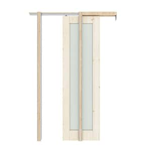 24 in. x 80 in. 1-Lite Frosted Glass Unfinished Solid Core Pine Wood Pocket Sliding Door with Hardware and Soft Close