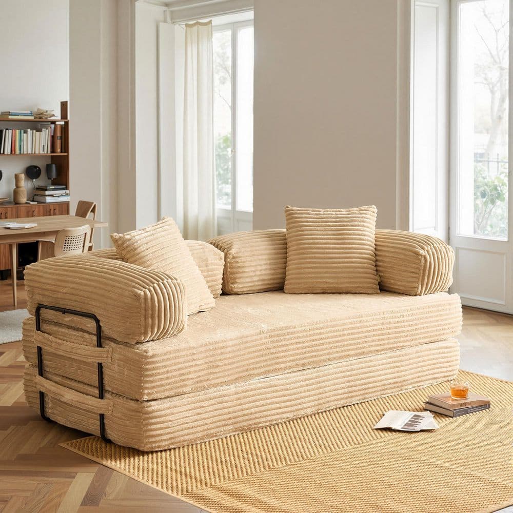 Allwex Mega 80 in. Beige Plush Corduroy King Size Convertible