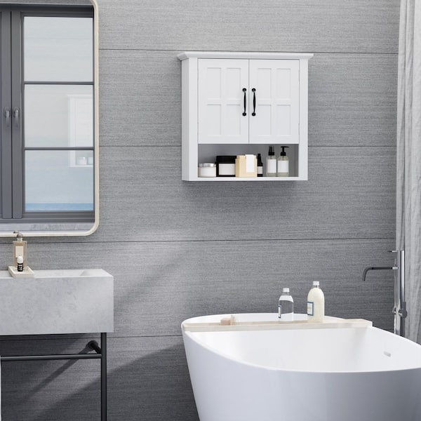 23.6 in. W x 22.8 in. H Rectangular White Wood Surface Mount Medicine Cabinet without Mirror, Wall Cabinet with Shelf