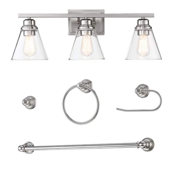 Romance 25.98 in. 3-Light Vanity Light with Brushed Nickel Finish and Clear Glass Shade and Bath Set (5-Piece)
