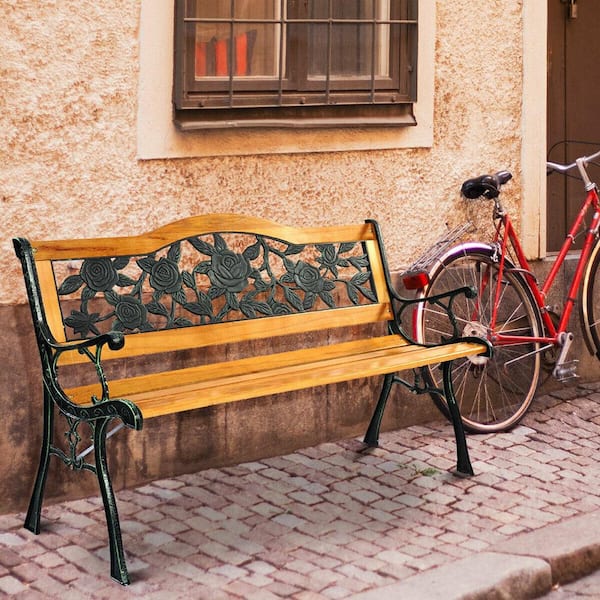 49.5 in. W in 2-Person Yellow Metal Wood Outdoor Bench