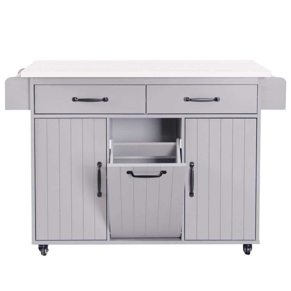 Cesicia Gray Wood 51 in. Kitchen Island on 5 Wheels with Drop Leaf and