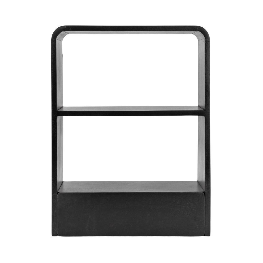 Black Mango Wood Floating Wall Shelf with Drawer, 18" x 24"