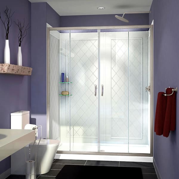 DreamLine Visions 60 in. W x 34 in. D x 76-3/4 in. H Semi-Frameless Shower Door in Brushed Nickel with White Base and Backwalls