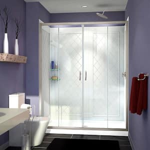 Visions 60 in. W x 36 in. D x 76-3/4 in. H Semi-Frameless Shower Door in Brushed Nickel with White Base and Backwalls