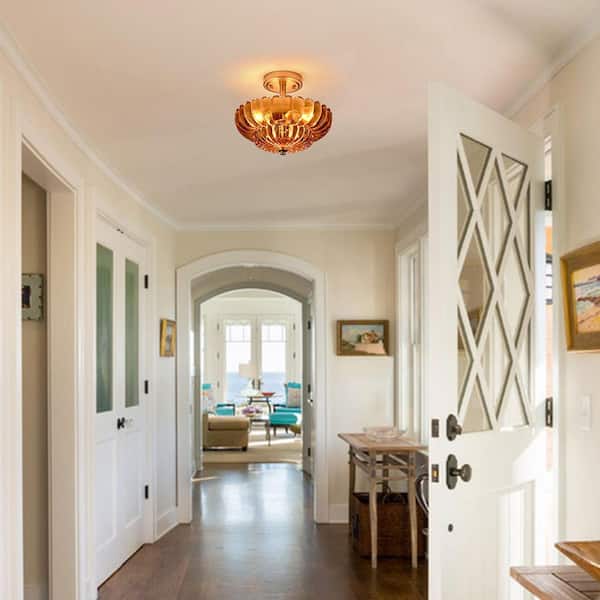 11.6 in. 3-light Vintage Scalloped Gold Base Flush Mount with Amber Glass No Bulbs Included