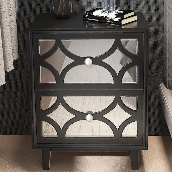 FUIN Modern 2 Drawer Black Nighstand with Mirror Front 17.91 L x 11.81 D x 23.43 H X03010 BLACK