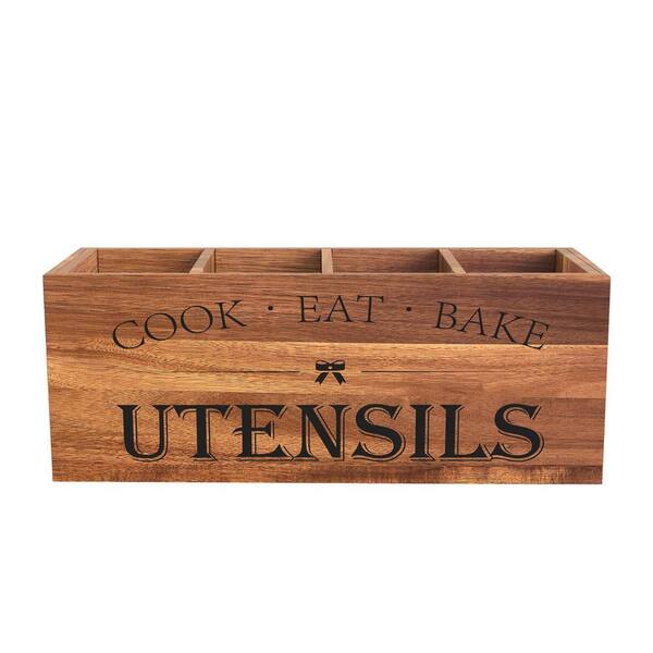 Natural Acacia Wood Utensil Holder Organizer with 4 Compartments Removable Divider Farmhouse Kitchen Caddy
