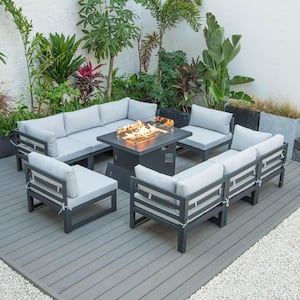 Chelsea Black 9-Peice Aluminum Sectional and Patio Fire Pit Set with Light Grey Cushions