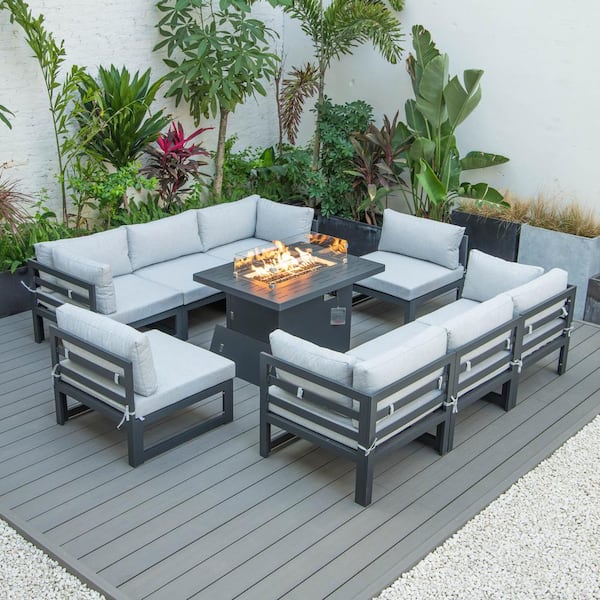 Leisuremod Chelsea Black 9 Piece Aluminum Patio Conversation Set with Light Grey Cushions