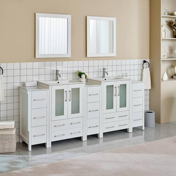 Brescia 84 in. W x 18.1 in. D x 35.8 in. H Double Basin Bathroom Vanity in White with Top in White Ceramic and Mirror