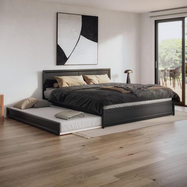 Lylah Black Wood Frame King Platform Bed with Panel Footboard and Twin XL Trundle