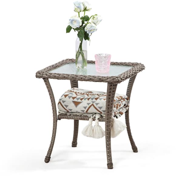 Gardenbee Brown Wicker Outdoor Patio Double-Deck Side Table Square Coffee Table