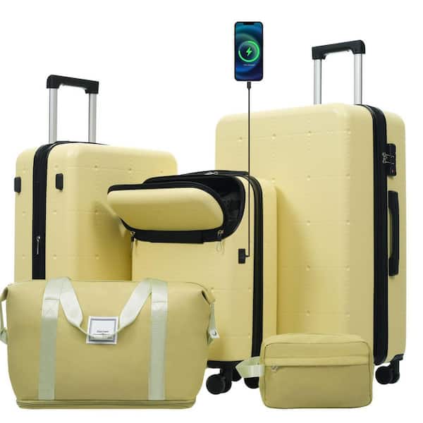 LIVACA 5-Piece Yellow ABS Plastic Hardside Luggage Set with USB