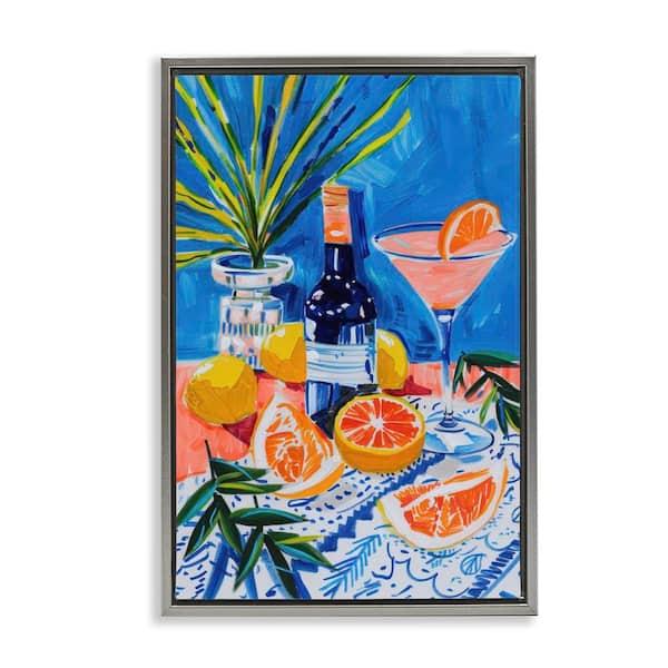 Stupell Industries Wine Bottle & Citrus by LSR Design Studio Gray Floater Frame Food Graphic Art Print 25 in. x 17 in.