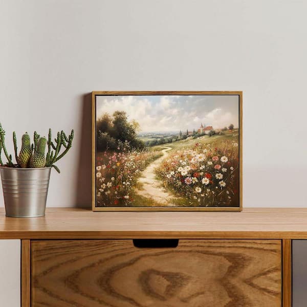 Framed Vintage Wildflower Landscape Canvas Wall Art Decor, 16 in