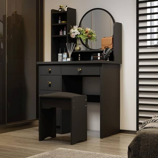 FUFU GAGA 5 Drawers Black Makeup Vanity Sets Dressing Table Set with Stool Mirror and Storage Shelves Girls Dressing Table KF210095 05 The Home Depot