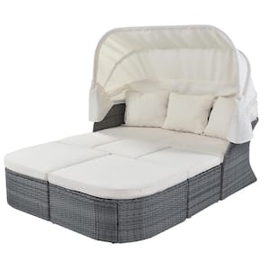 Wicker Outdoor Day Bed with Retractable Canopy, Patio Furniture Set Daybed Sunbed with Beige Cushions