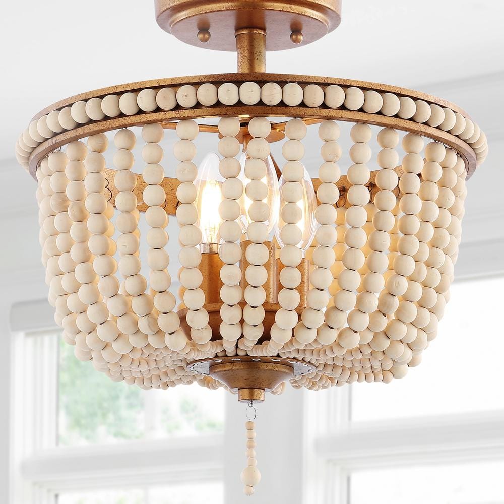Allie 14 in. 3-Light Antique Gold Bohemian Farmhouse Wood Bead/Iron LED Semi Flush Mount, Light Taupe price history on PriceWatchPro
