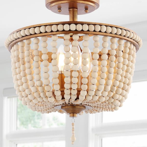 Allie 14 in. 3-Light Antique Gold Bohemian Farmhouse Wood Bead/Iron LED Semi Flush Mount, Light Taupe