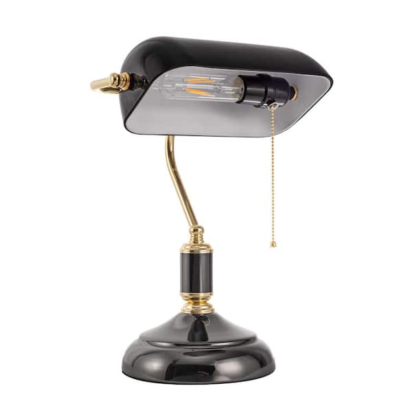 YANSUN 15 in. Black Glass Task and Reading Bankers Lamp with Gold Trim and Pull Chain Switch, Adjustable Desk Light for Office
