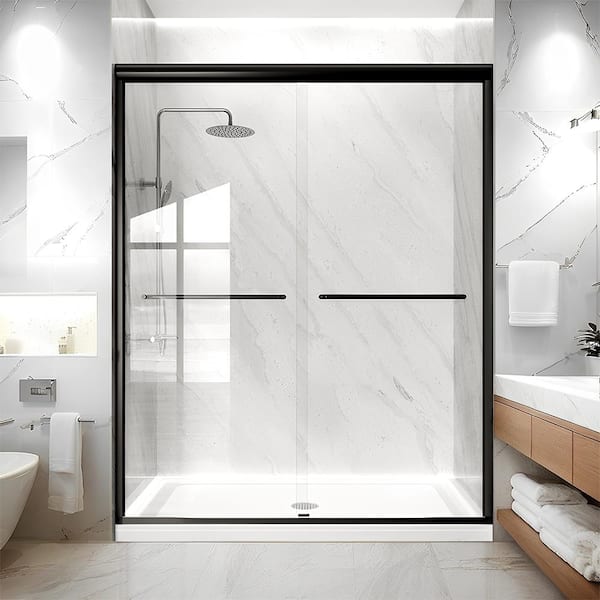 55 in.-60 in. W x 72 in. H Sliding Semi-Frameless Shower Door in Matte Black with Clear Glass