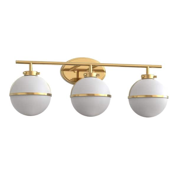 YANSUN 24 in. Mid-Century Inspired 3-Light Bathroom Vanity Light with Elegant Heritage Brass Globe Shade