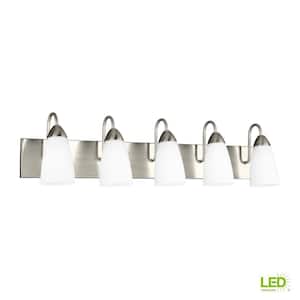 Seville 35 in. 5-Light Brushed Nickel Transitional Modern Wall Bathroom Vanity Light with White Glass and LED Bulbs