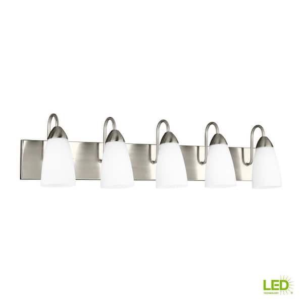 Generation Lighting Seville 35 in. 5-Light Brushed Nickel Transitional Modern Wall Bathroom Vanity Light with White Glass and LED Bulbs