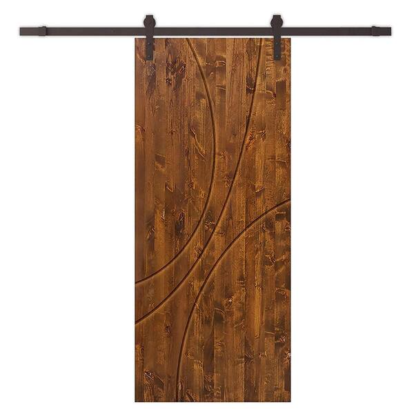 CALHOME 36 in. x 96 in. Walnut Stained Pine Wood Modern Interior Sliding Barn Door with Hardware Kit