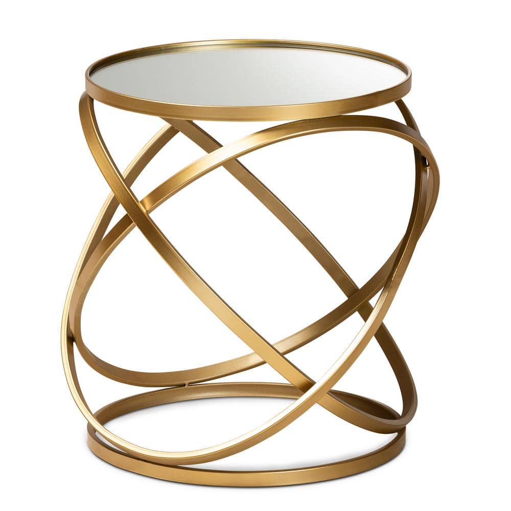 Gold Finished Metal and Mirrored Glass Round End Table