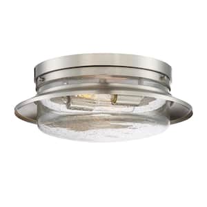 Dover 15 in. 2-Light Satin Platinum Flush Mount Ceiling Light with Clear Seedy Glass Shade