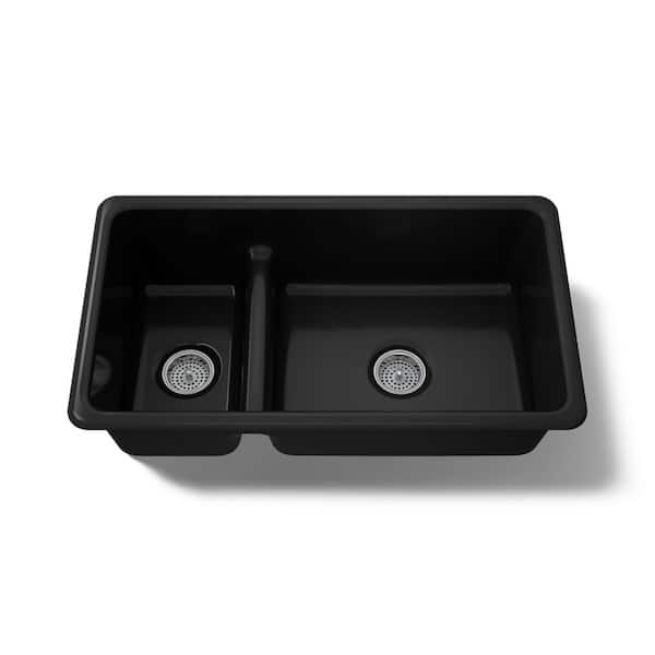 Iron/Tones 33 in. Drop-in/Undermount Double Bowl Black Cast Iron Kitchen Sink