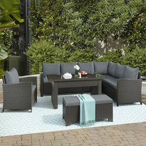 Gray 6-Piece Wicker Patio Conversation Set with Gray Cushions, Dinning Table and Bench