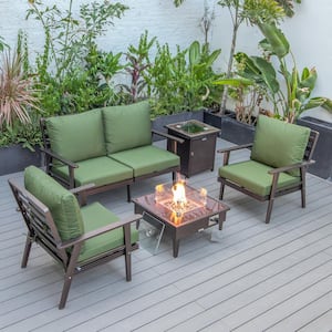 Walbrooke Brown 5-Piece Aluminum Square Patio Fire Pit Set with Green Cushions and Tank Holder