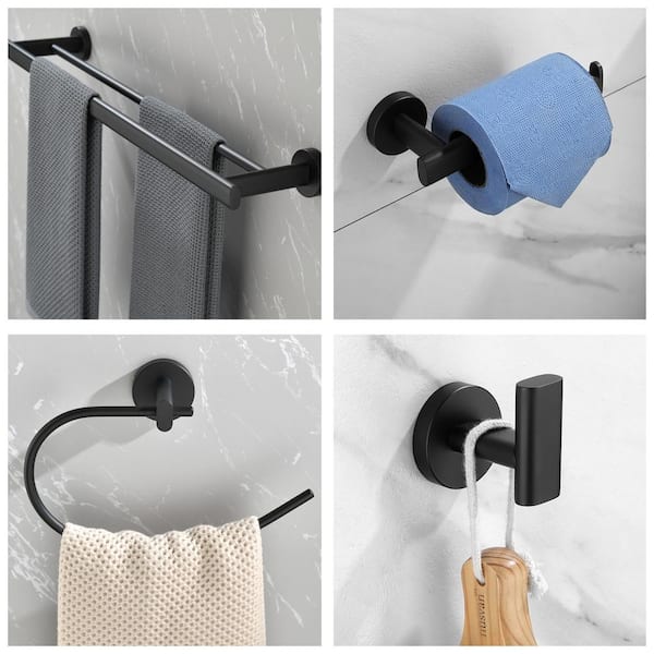 AITINKAN 5-Piece Bathroom Hardware Set Towel Ring Set in Matte Black